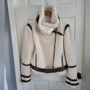 Tularosa Bailey Moto Jacket Cream and Brown Faux Sherpa Viral Revovle Coat